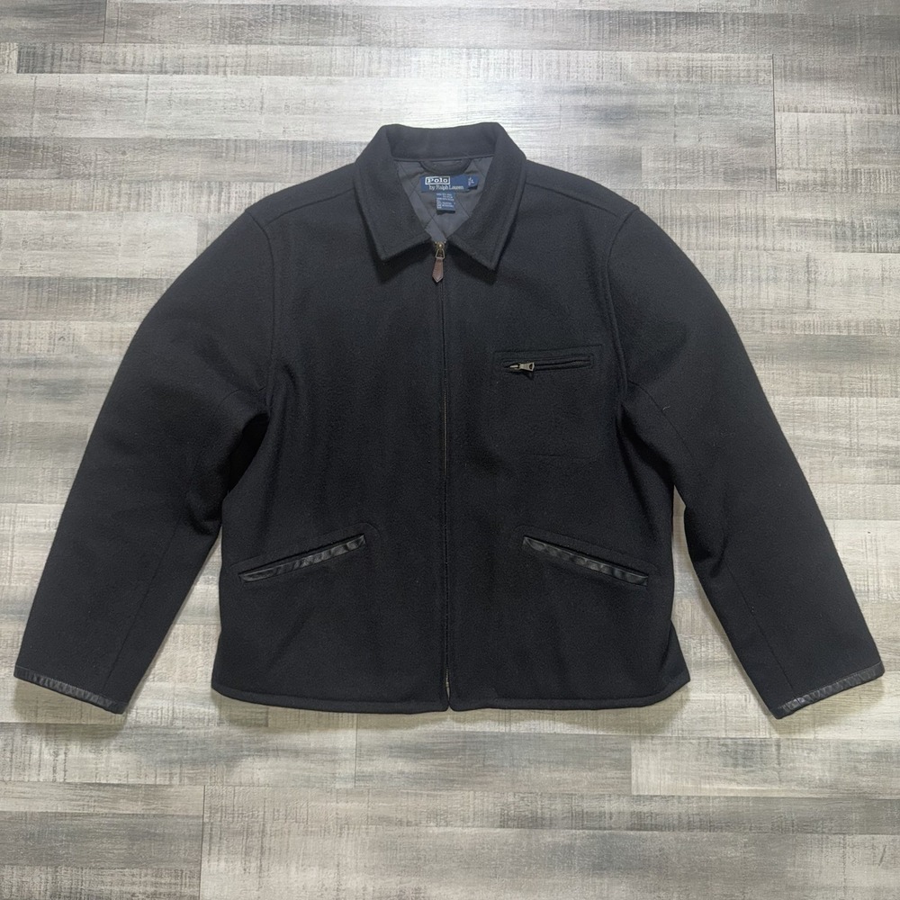 Polo Ralph Lauren Wool Coat Men L Black Quilt Lined Work Jacket Elbow Pads VTG